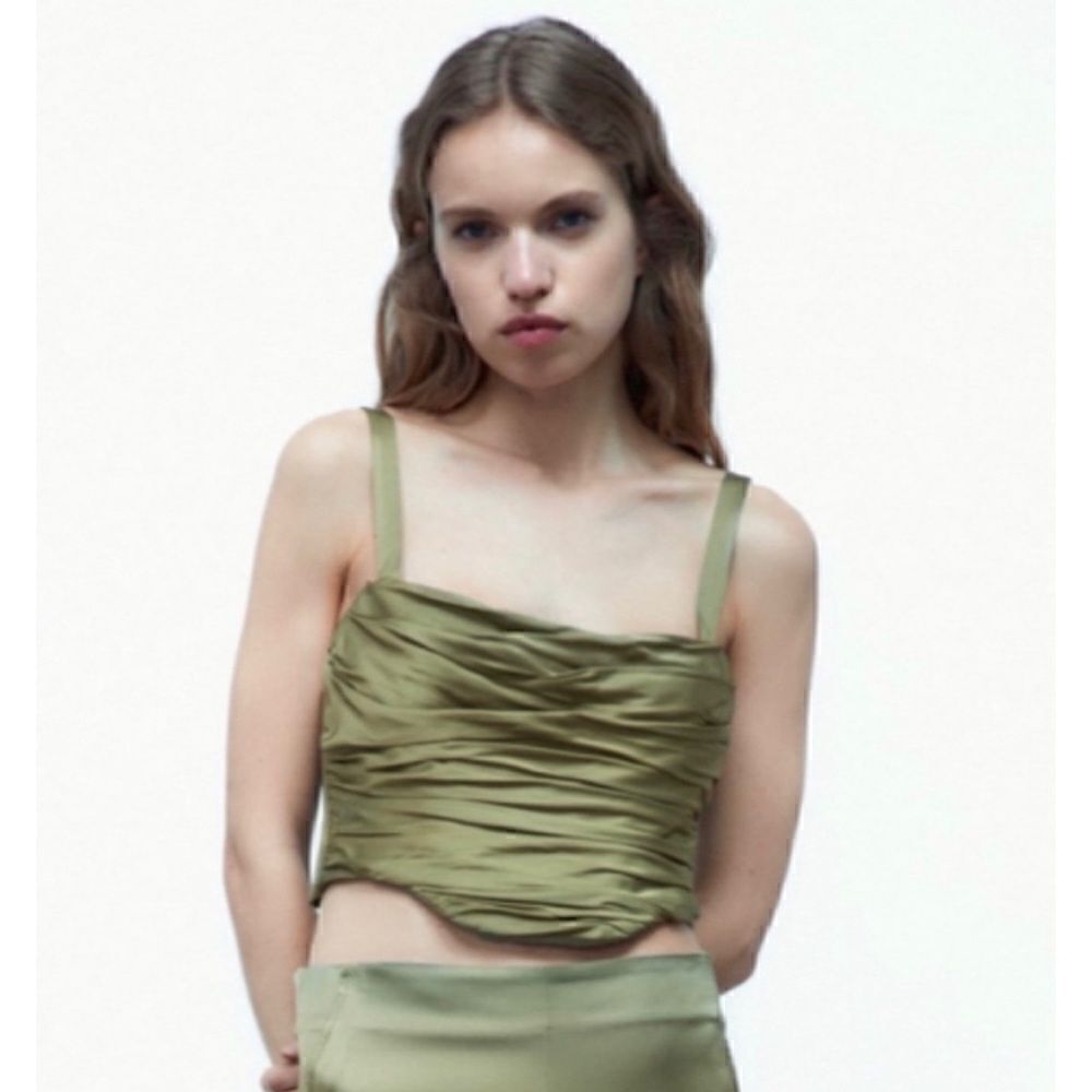 NWT Zara Blogger’s Favorite Green Satin Effect Ruched Draped Corset Top, Size XS - Picture 4 of 16